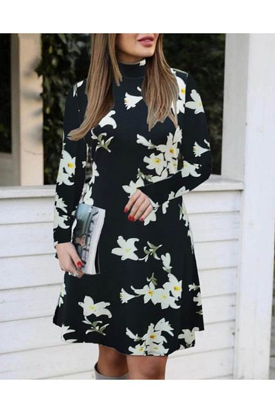Simala Rochie de damă cu mânecă lungă, cu imprimeu floral, creponată