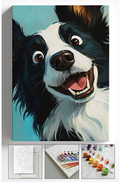 Akihabara Sayılarla Boyama Hobi Seti Çerçeveli Numaralı Tuval Fırça Boya Dahil Kasnaklı GÜLEN KÖPEK 40x50 Cm