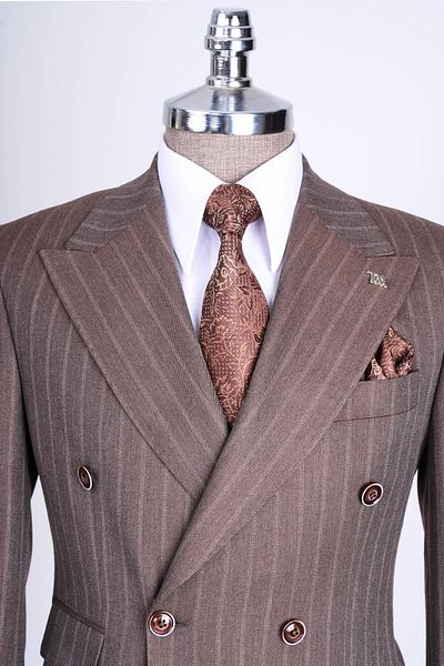 TerziAdemAltun Italian Style Slim Fit Striped Double Breasted Jacket and Trousers Set - Brown T13493