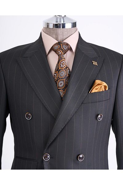 TerziAdemAltun Black Slim Fit Striped Double Breasted Jacket and Pants Set - T13191