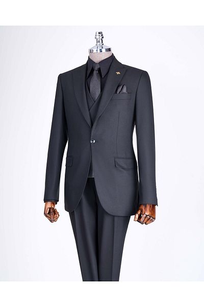 TerziAdemAltun Black Slim Fit Italian Style Jacket and Vest Set - T13056