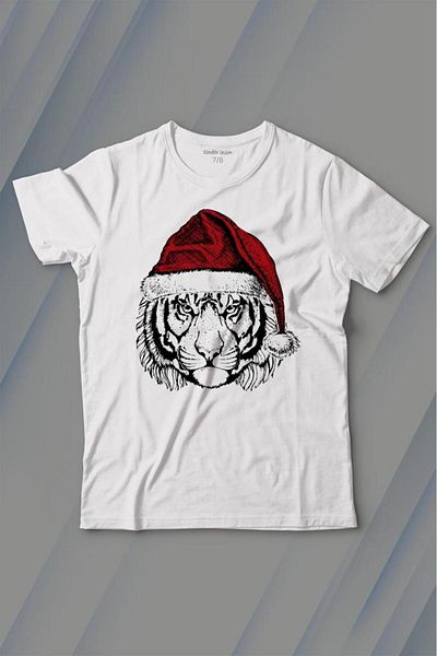 Kendim Seçtim Tricou pentru copii Tiger Wild Cat cu imprimeu de Craciun de Anul Nou cu Tiger Fez si caciula de Craciun
