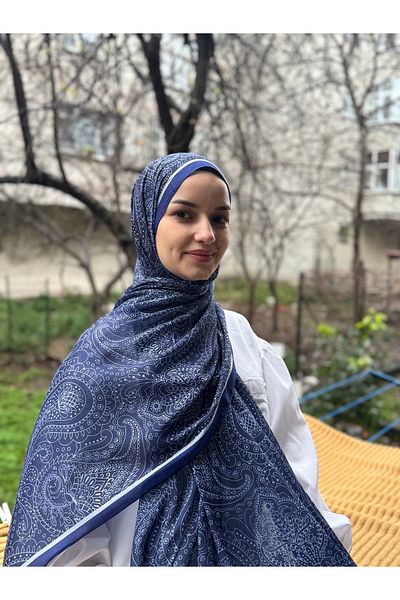 shalby Hijab Paisley Model Bumbac Şal Albastru închis