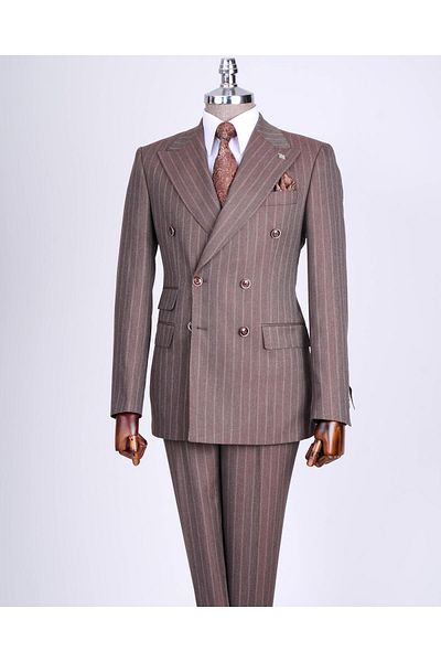 TerziAdemAltun Italian Style Slim Fit Striped Double Breasted Jacket and Trousers Set - Brown T13493
