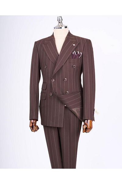 TerziAdemAltun Brown Italian Style Double Breasted Jacket and Trousers Set - T13303