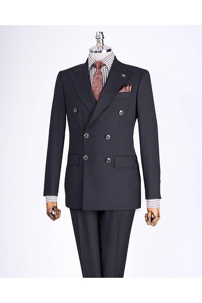 TerziAdemAltun Black Slim Fit Italian Style Double Breasted Jacket and Pants Set - T13524