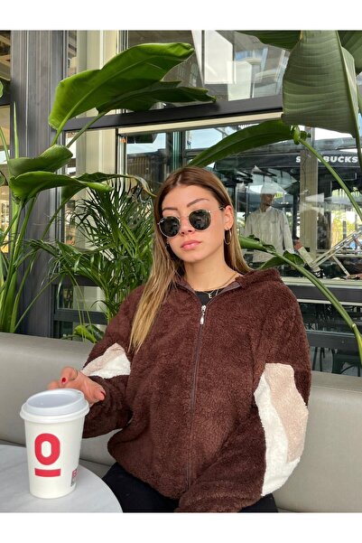 BEYUSİRA Butikcim Kadın Kapüşonlu Garnili Peluş Hırka