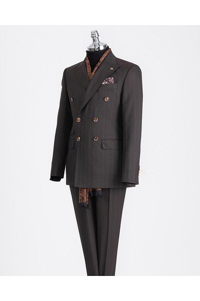 TerziAdemAltun Italian Style Brown Slim Fit Striped Double Breasted Jacket and Pants Set - T13194