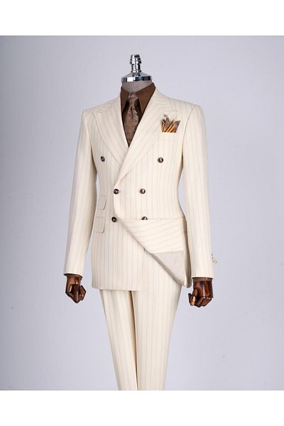 TerziAdemAltun Beige Italian Style Slim Fit Striped Double Breasted Jacket and Pants Set - T13490