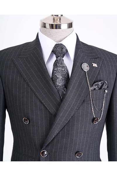 TerziAdemAltun Anthracite Italian Style Slim Fit Striped Double Breasted Jacket and Pants Suit - T13196