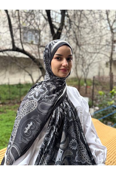 shalby Ethnic Patterned Soft Cotton Hijab Shawl - Gray & Khaki