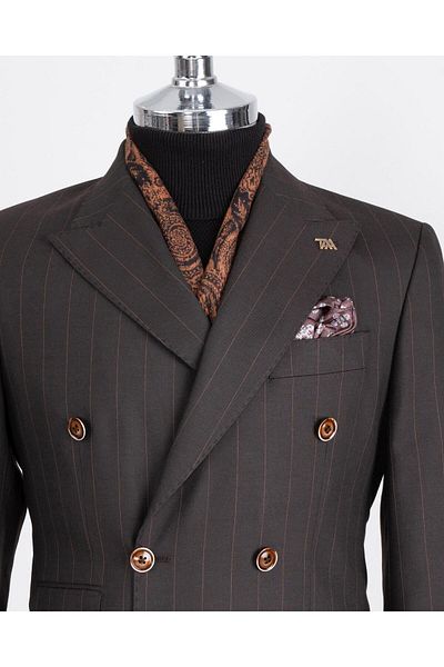 TerziAdemAltun Italian Style Brown Slim Fit Striped Double Breasted Jacket and Pants Set - T13194