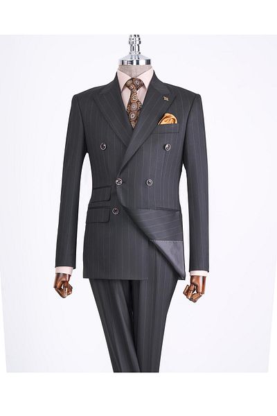 TerziAdemAltun Black Slim Fit Striped Double Breasted Jacket and Pants Set - T13191