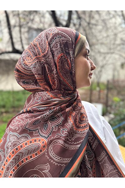 shalby Hijab cu model etnic șal din bumbac moale portocaliu-maro