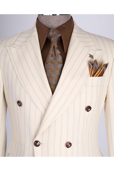 TerziAdemAltun Beige Italian Style Slim Fit Striped Double Breasted Jacket and Pants Set - T13490