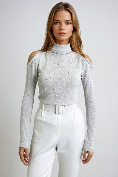 VAGGON Γκρι Glitter Πλεκτή Μπλούζα με ζιβάγκο - Pearl Snap, Off-the-Shoulder Prmx13319