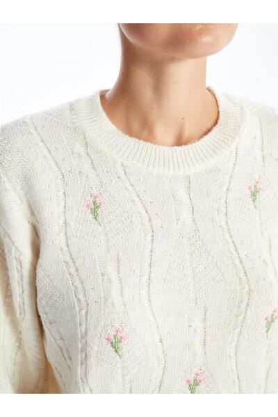 LC Waikiki LCW Comfort Bisiklet Yaka Nakışlı Kadın Triko Kazak