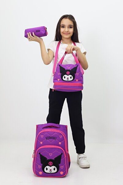 Probag Set de 3 genți de școală pentru fete, cu design Kuromi, rucsac, cutie ...