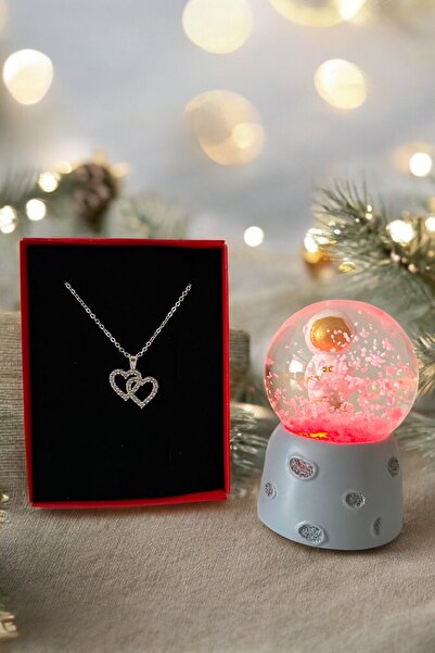 Saltos Gümüş Renk Kalpli Kolye Astronotlu Kar Küresi Hediye Seti Doğum Günü H...