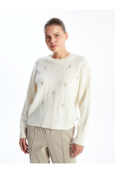 LC Waikiki LCW Comfort Bisiklet Yaka Nakışlı Kadın Triko Kazak