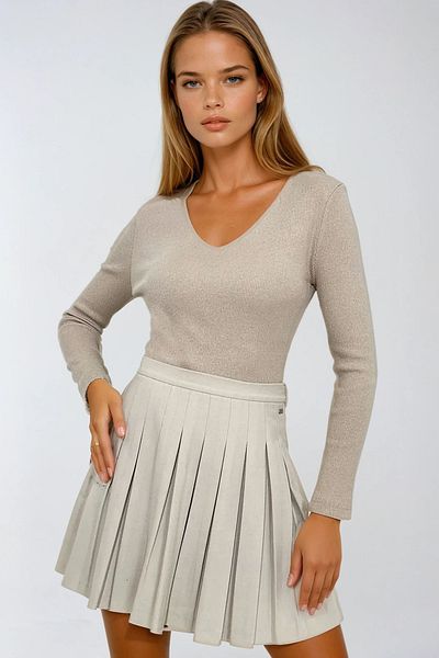 VAGGON Women's Beige V-Neck Camisole Basic Blouse Prmx13290