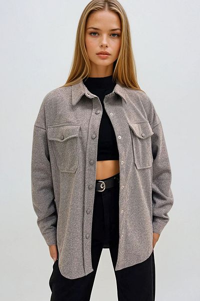 VAGGON Dámská tmavě šedá oversize bunda s dvojitou kapsou a zapínáním na patentky Prmx12487