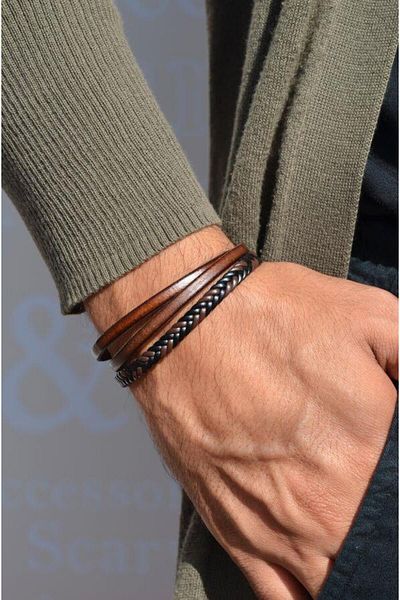 Sacce Scarves&Accessories Men's Leather Bracelet - Brown, Multiple Models, Knit and Leather Design