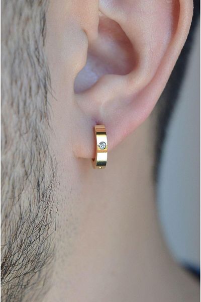 Sacce Scarves&Accessories Gold Colored Men's Steel Hoop Earrings - Solitaire Detailed