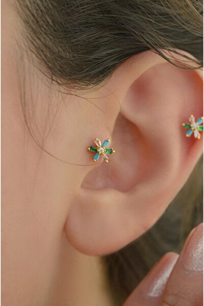 Sacce Scarves&Accessories Renkli Çiçek Tragus Piercing Helix Kıkırdak Gold Çelik