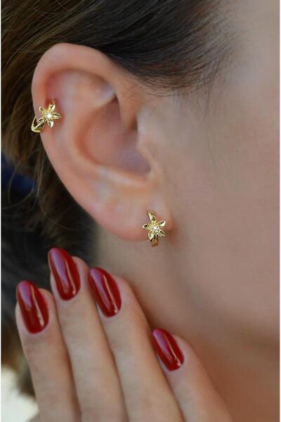 Sacce Scarves&Accessories Küçük Boy Çiçek Detaylı Gold Halka Küpe Lob Helix Kıkırdak