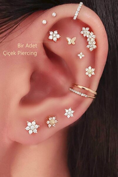 Sacce Scarves&Accessories Çelik Çiçek Tragus Piercing Helix Kıkırdak Küpesi Gold Renk