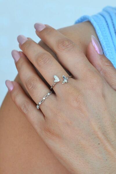 Sequential Heart and Butterfly Ring Adjustable Joint Ring Thin Ring Set Silver Color
