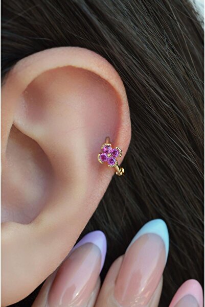 Sacce Scarves&Accessories Gold Halka Fuşya Pembesi Mini Çiçekli Tragus Piercing Helix Kıkırdak Lob