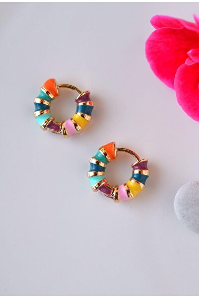 Sacce Scarves&Accessories Renkli Mineli Bombeli Çelik Halka Küpe