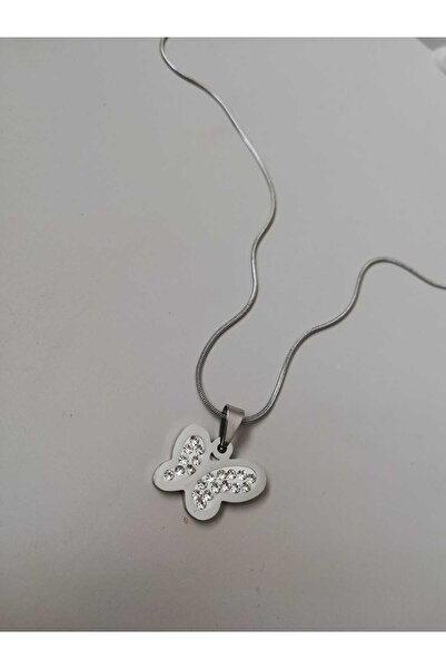 Judas Takı Silver Zircon Stone Butterfly Figured Steel Necklace