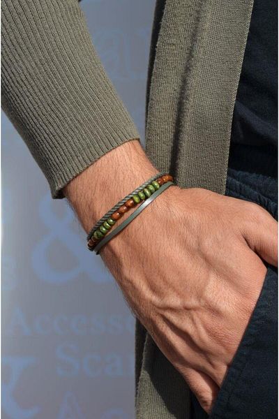 Sacce Scarves&Accessories Green Brown Men's Leather Bracelet - Natural Stone Leather, Multiple Rows
