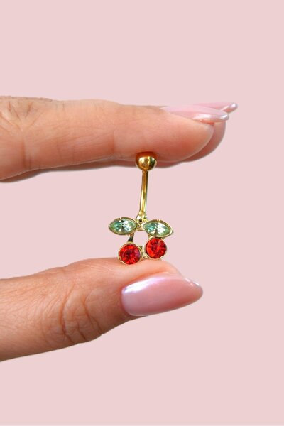 Sacce Scarves&Accessories Kırmızı Kirazlı Göbek Piercingi İkili Kiraz Göbek Piercing