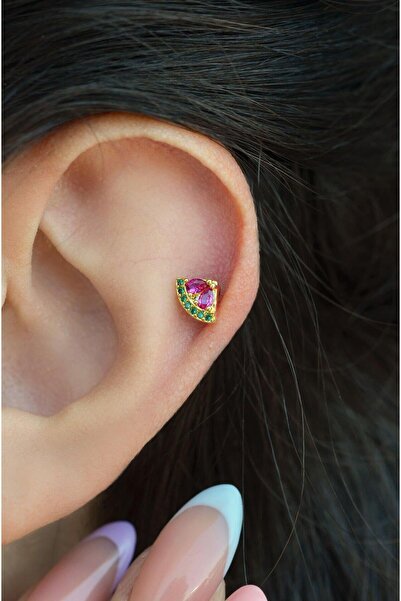 Sacce Scarves&Accessories Gold Arkası Düz Çelik Renkli Karpuz Dilimi Tragus P...