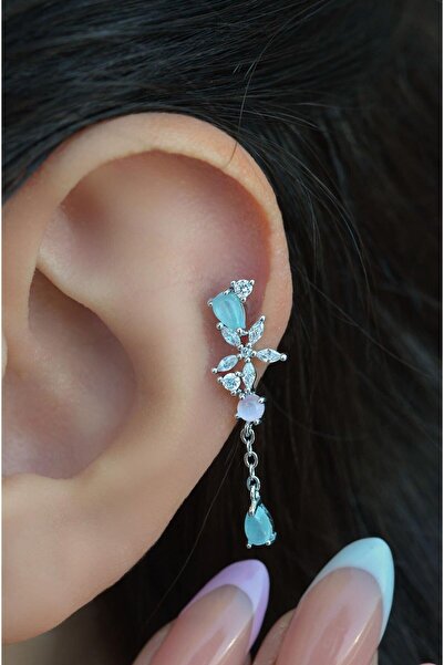 Sacce Scarves&Accessories Silver Çelik Su Yeşili Taş Sallantılı Helix Piercin...