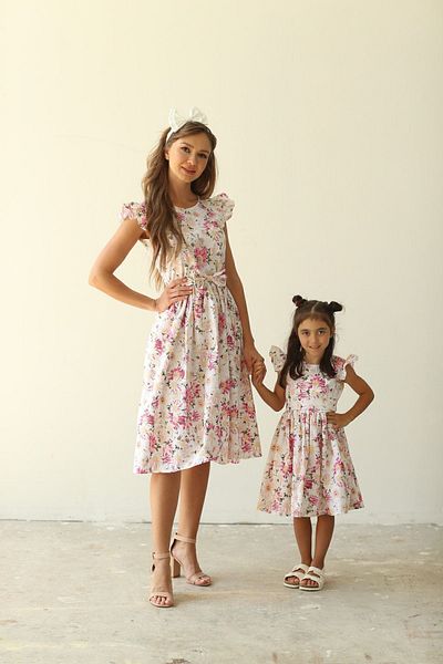 KÜÇÜĞÜM BUTİK Pink Daisy Butterfly Sleeve Mother Daughter Combination (ΠΩΛΕΙΤΑΙ ΜΟΝΟ.)