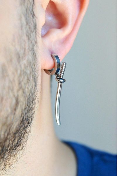Sacce Scarves&Accessories Men's Silver Colored Steel Hoop Earrings - Samurai Sword Detail