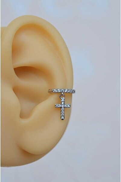 Sacce Scarves&Accessories Zirkon Taşlı Cross Sallantılı Earcuff Sıkıştırmalı Kıkırdak Küpesi