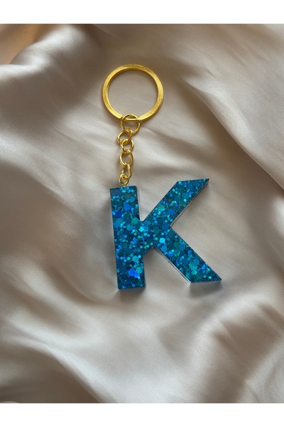 HERCY سلسلة مفاتيح من راتنجات الايبوكسي بحرف K |   سلسلة المفاتيح الترتر الأزرق