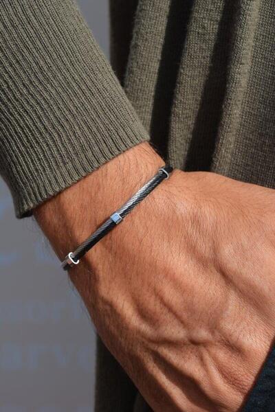 Sacce Scarves&Accessories İnce Hasır Örgü Çelik Erkek Bileklik Siyah ve Gümüş Renk