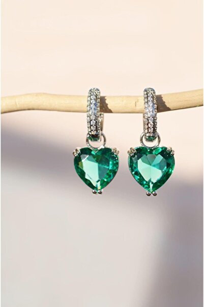 Sacce Scarves&Accessories Yeşil Zirkon Kalp Sallantılı Küpe