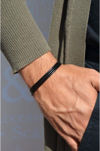 Sacce Scarves&Accessories Men's Thin Leather Bracelet Black Thin Men's Leather Bracelet
