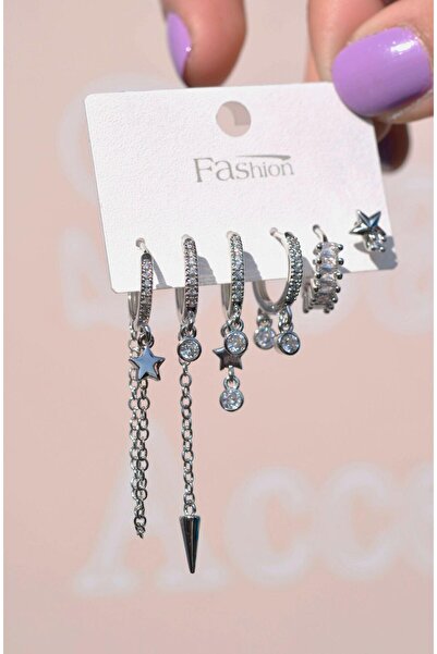 Sacce Scarves&Accessories Asimetrik Zincir Sallantılı Küpe Seti 6 Parça Gümüş Renkli