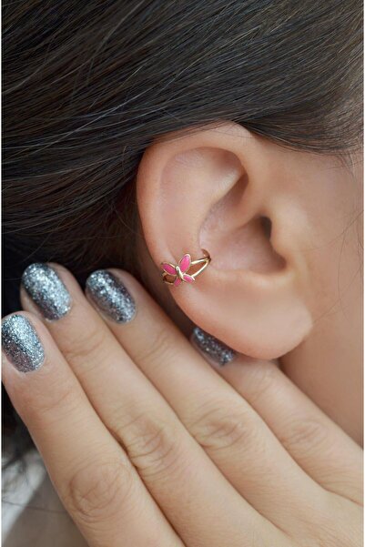 Sacce Scarves&Accessories Sıkıştırmalı Kıkırdak Küpesi Pembe Kelebek Earcuff