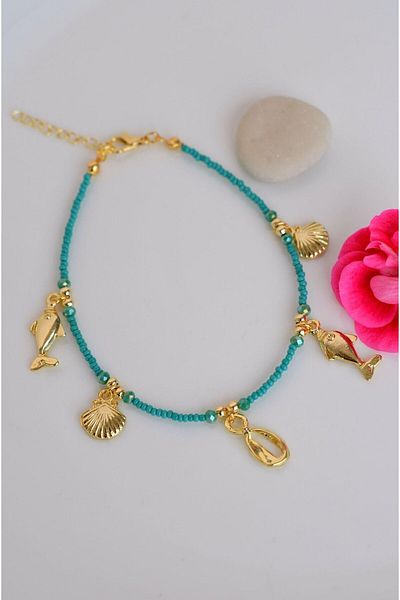 Sacce Scarves&Accessories Blue Color Bead Anklet with Seashell Charm