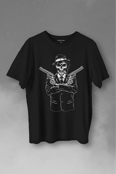 Kendim Seçtim Unisex Skeleton Gangster Revolvers Suit - Μπλουζάκι με στάμπα με πιστόλι